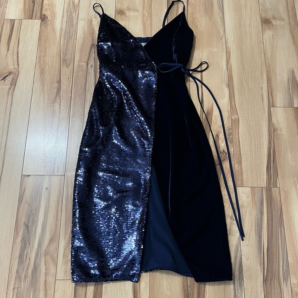 Asos Design Wrap Dress Womens Sz 0 Blue Sequin & Velvet New Years Event Occasion